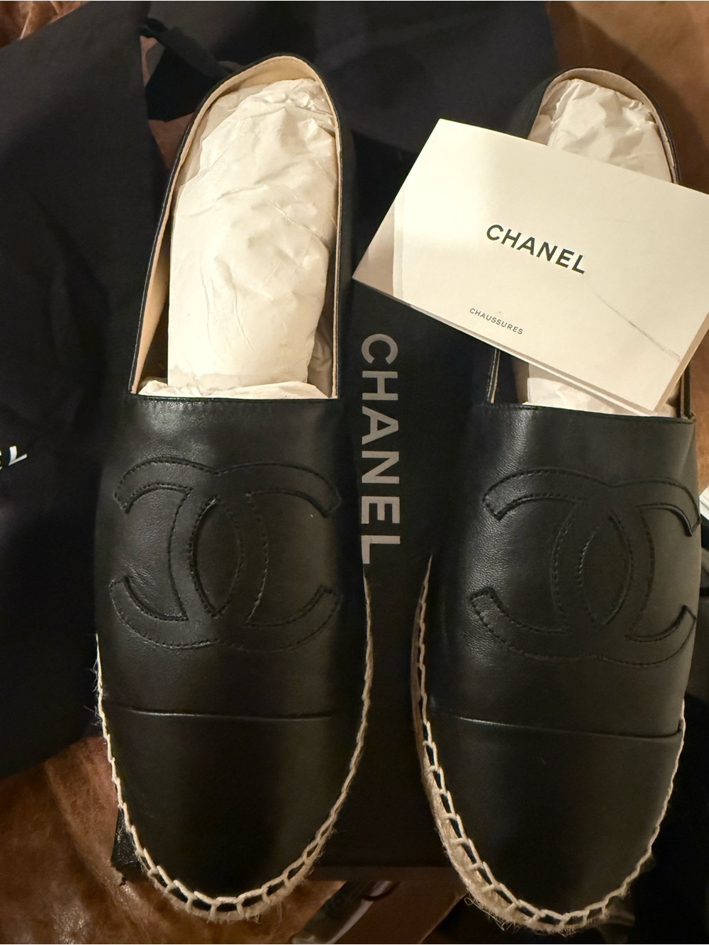 AUTHENTIC CHANEL Black lamb skin Leather Espadrilles LIKE NEW 42 worn once 10